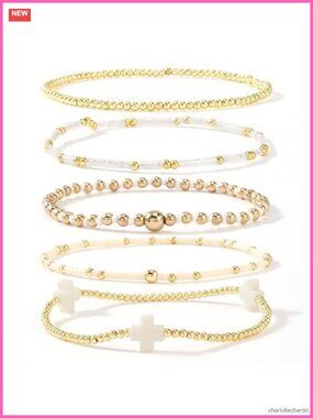 Gold Plated Beaded Bracelet Stack Cross Charm Stretch Bracelet Boho Christian